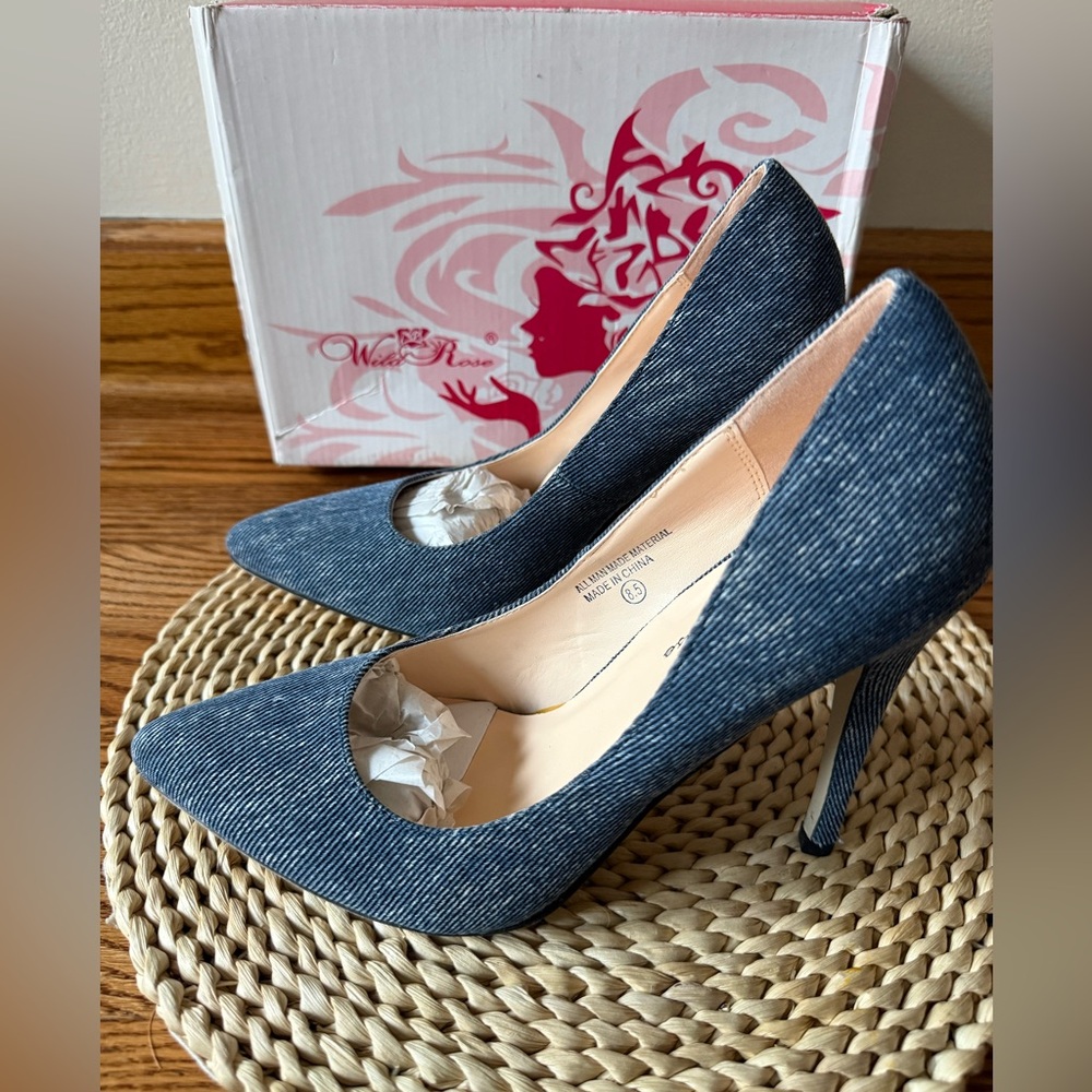 Denim Pointy Toe Hobo Patchwork Stiletto Pump US 6,5